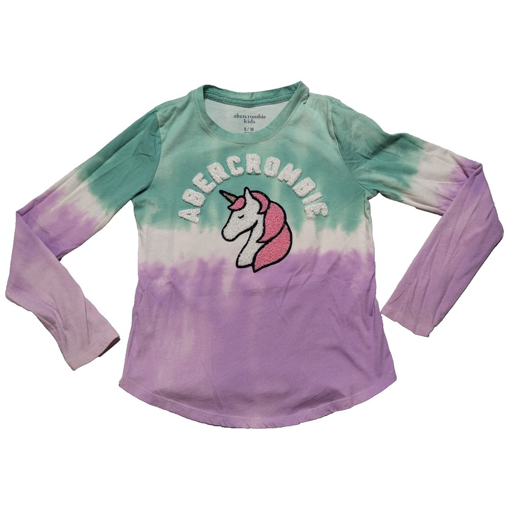 Abercrombie Kids Unicorn Shirt - Girls 9/10 Tie Dye FUZZY Chenille Patch